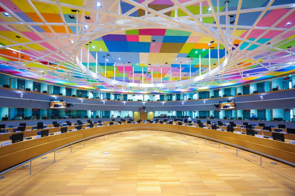 A general view of the meeting room seen empty in the European Council building in Brussels, Belgium, July 10, 2023. (EPA Photo)