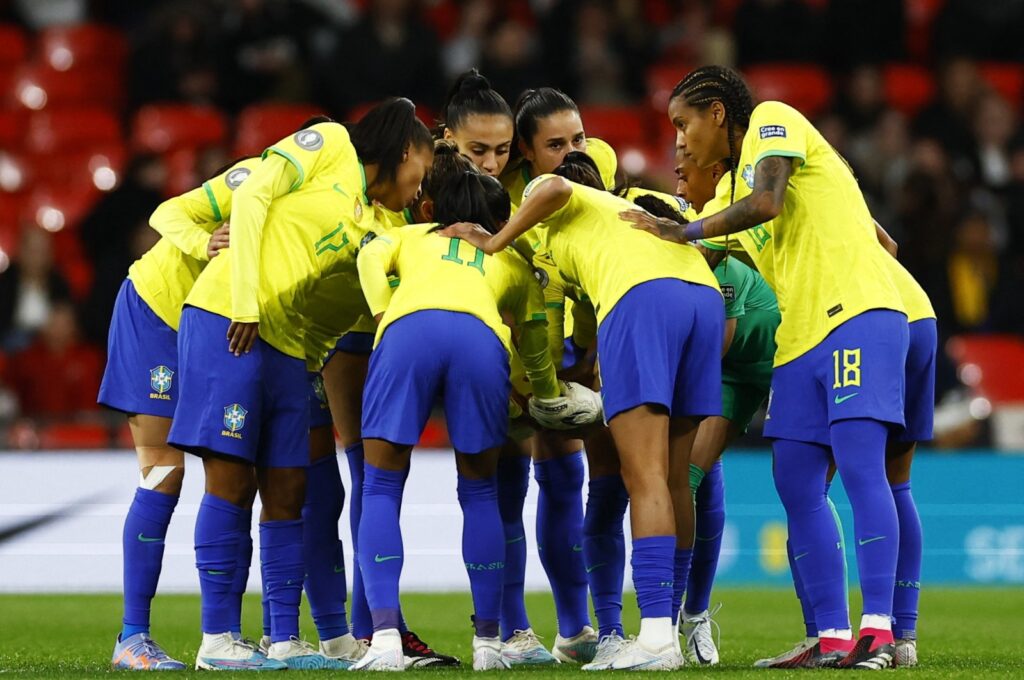 The Brazilian team huddles before the second half of the Women's Finalissima match against England at the Wembley Stadium, London, U.K., April 6, 2023. (Reuters Photo)