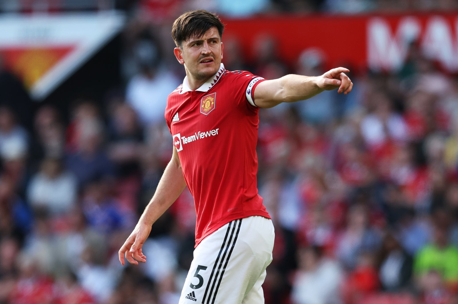Manchester United's Harry Maguire points during the Premier League match against Fulham at Old Trafford, Manchester, UK., May 28, 2023. (Getty Images Photo)