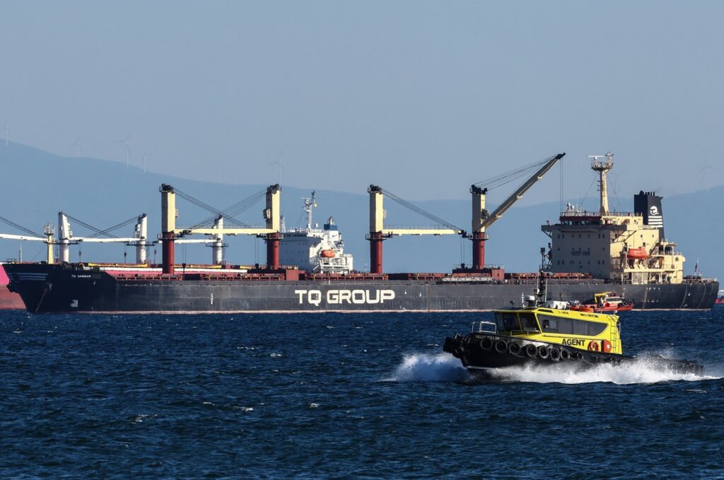 A boat passes by as the Turkey flagged TQ Samsunhe, the last grain ship that left a Ukrainian port since Russia exit the Grain Corridor Agreement one day earlier, is seen in the Marmara Sea, in Istanbul,  July 18, 2023. (EPA Photo)