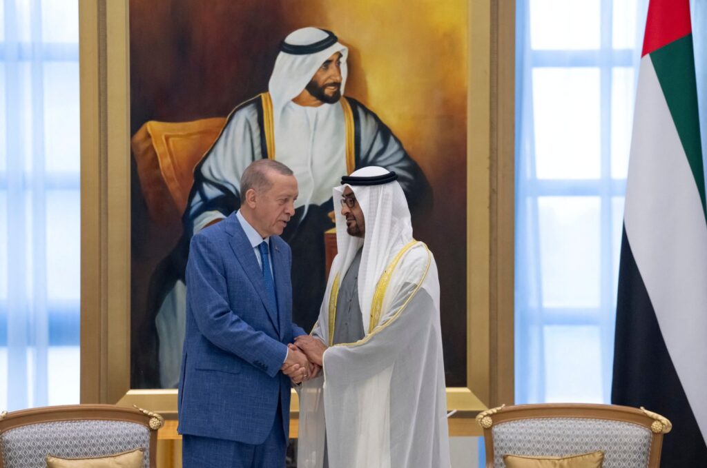 Sheikh Mohamed bin Zayed Al Nahyan, President of the United Arab Emirates hosts an official reception for Recep Tayyip Erdoğan of Türkiye, at Qasr Al Watan in Abu Dhabi, United Arab Emirates, July 19, 2023. (UAE Presidential Court/Handout via Reuters)