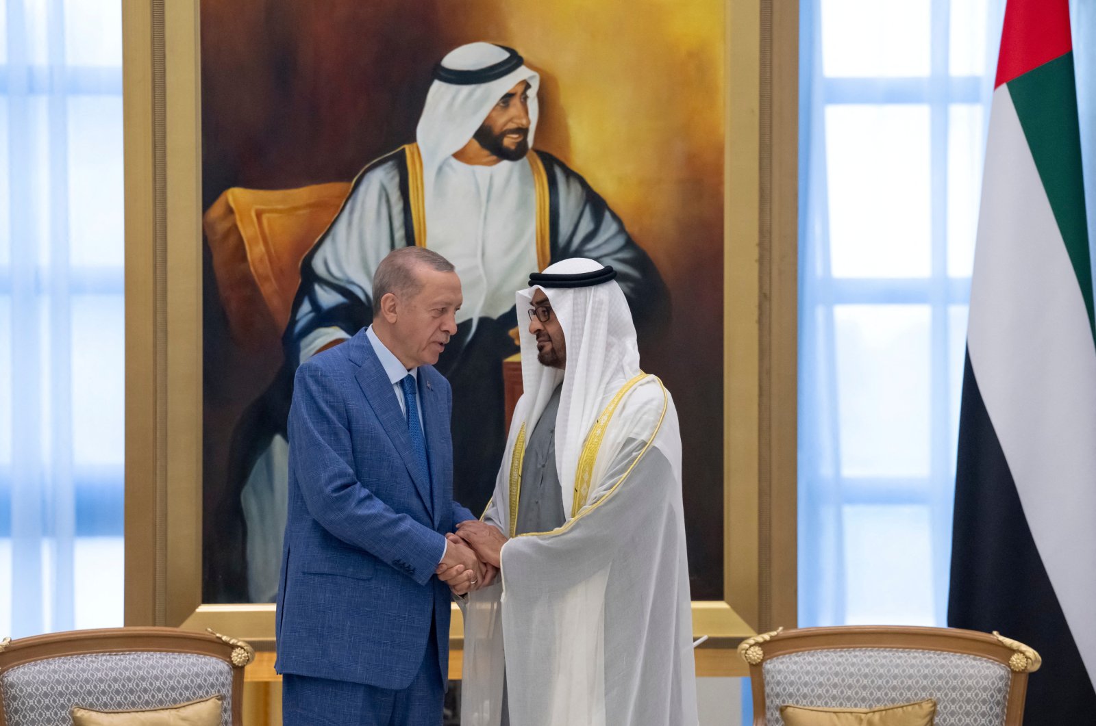 Sheikh Mohamed bin Zayed Al Nahyan, President of the United Arab Emirates hosts an official reception for Recep Tayyip Erdoğan of Türkiye, at Qasr Al Watan in Abu Dhabi, United Arab Emirates, July 19, 2023. (UAE Presidential Court/Handout via Reuters)