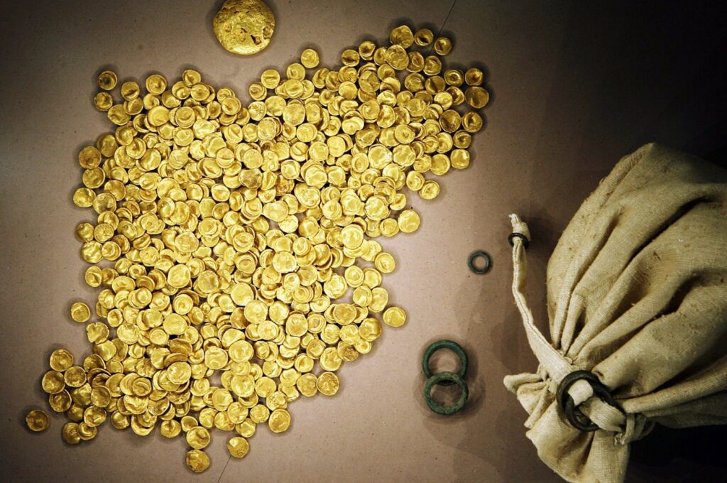 Coins of the Celtic Treasure on display at the local Celtic and Roman Museum in Manching, Germany, May 31, 2006. (AP File Photo)