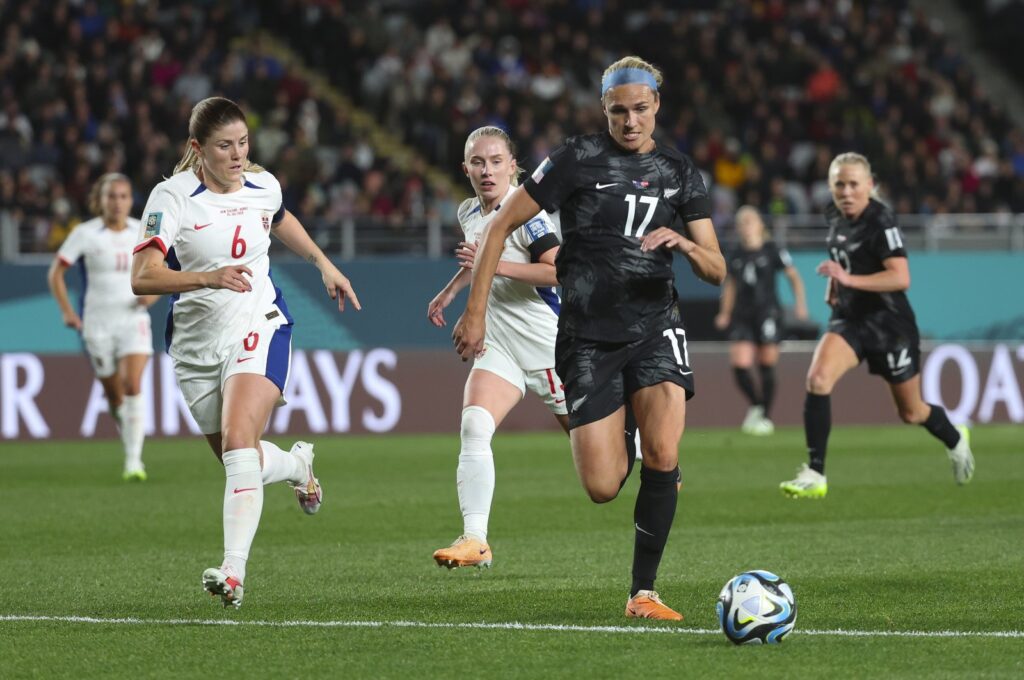 New Zealand's Hannah Lillian Wilkinson (2nd R) in action against Maren Mjelde (2nd L) of Norway during the FIFA Women's World Cup Group A match between New Zealand and Norway, Auckland, New Zealand, July 20, 2023. (EPA Photo)
