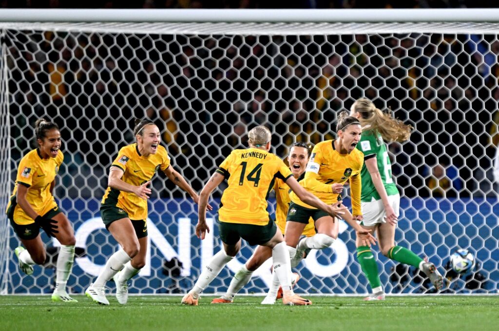 Australia's Steph Catley celebrates after scoring a goal during the FIFA Women's World Cup Group B match against Ireland at Stadium Australia, Sydney, Australia, July 20, 2023. (Getty Images Photo)