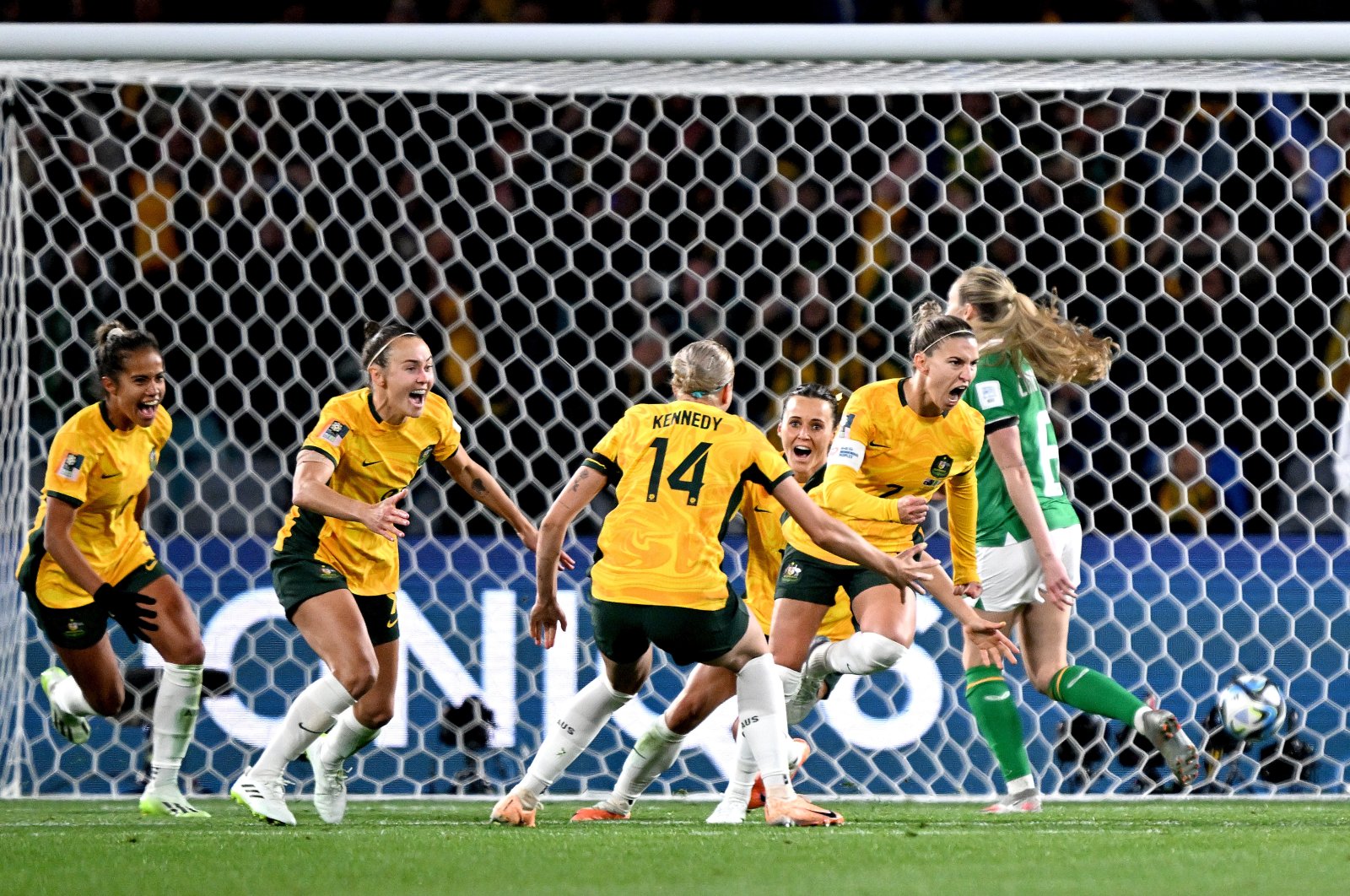 Australia's Steph Catley celebrates after scoring a goal during the FIFA Women's World Cup Group B match against Ireland at Stadium Australia, Sydney, Australia, July 20, 2023. (Getty Images Photo)
