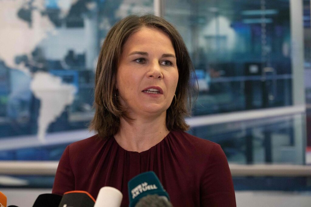 German Foreign Minister Annalena Baerbock speaks to journalists as she visits the research center of German chemical giant BASF in Ludwigshafen, western Germany, on July 19, 2023. (AFP Photo)
