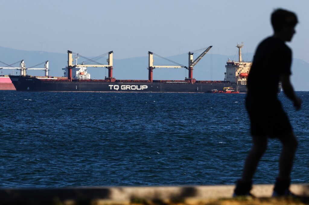 A boy plays on the coast as Türkiye-flagged TQ Samsunhe, the last grain ship that left a Ukrainian port since Russia exited the Black Sea Grain Initiative, is seen in the Marmara Sea, in Istanbul, Türkiye, July 18, 2023. (EPA Photo)