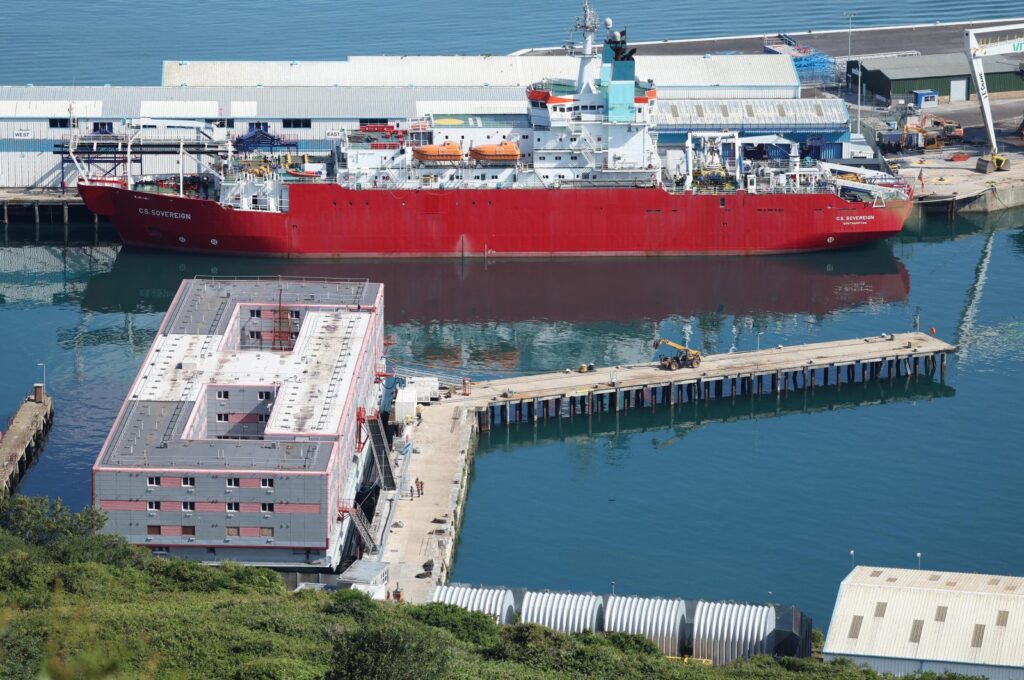 The Bibby Stockholm barge lies in Portland Port in Dorset in Britain, July 20, 2023. (EPA Photo)