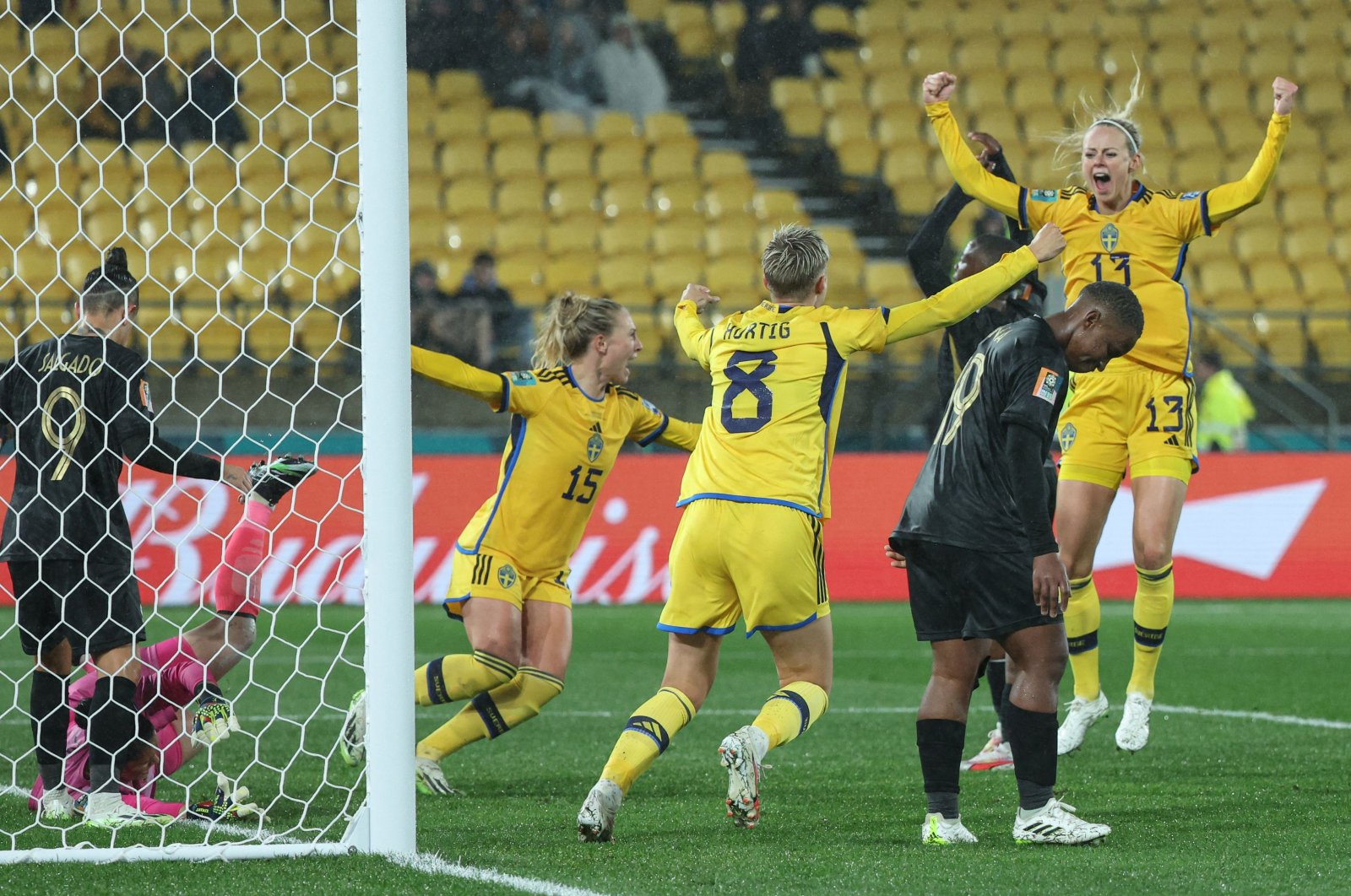 Sweden's defender Amanda Ilestedt (R) celebrates scoring her team's second goal with teammates during the Australia and New Zealand 2023 Women's World Cup Group G football match between Sweden and South Africa at Wellington Stadium, Wellington, New Zealand, July 23, 2023. (AFP Photo)