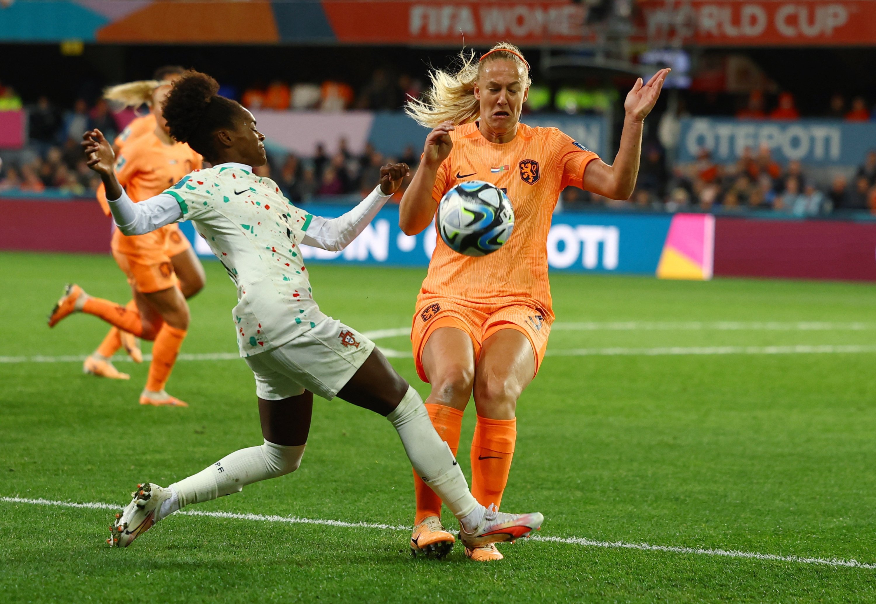 283901 Portugal's Diana Silva (L) in action with Netherlands' Stefanie van der Gragt during the FIFA Women’s World Cup Australia and New Zealand 2023 Group E at the Forsyth Barr Stadium, Dunedin, New Zealand, July 23, 2023. (Reuters Photo)
