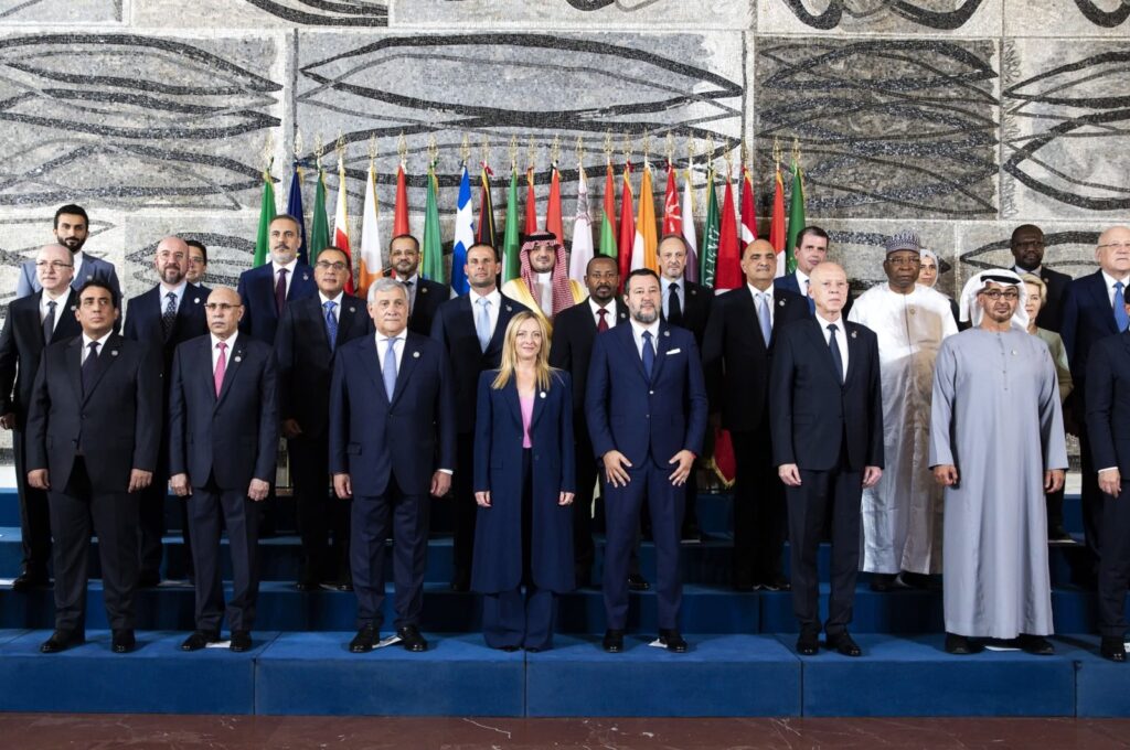 Family photo of the participants of the International Conference on Development and Migration in Rome, Italy, July 23, 2023. (EPA Photo)