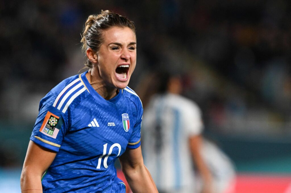 Italy's forward Cristiana Girelli celebrates scoring her team's first goal during the Australia and New Zealand 2023 Women's World Cup Group G football match between Italy and Argentina at Eden Park, Auckland, New Zealand, July 24, 2023. (AFP Photo)