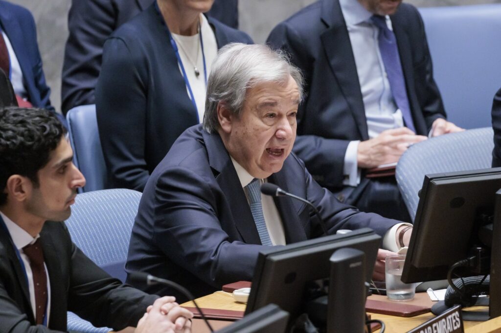 United Nations Secretary-General Antonio Guterres speaks during a United Nations Security Council meeting called to address the growing influence of artificial intelligence (AI) at United Nations headquarters in New York, New York, July 18, 2023.  (EPA Photo)