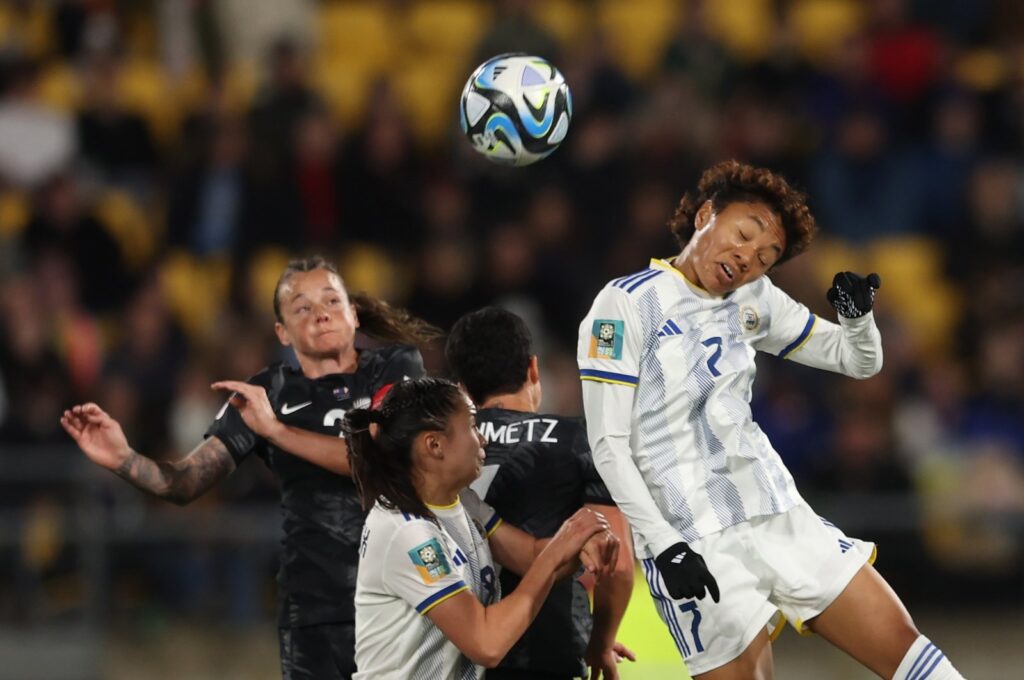 Sarina Bolden (R) of the Philippines in action against Malia Steinmetz (C) of New Zealand during the FIFA Women's World Cup Group A match between New Zealand and the Philippines in Wellington, New Zealand, July 25, 2023. (EPA Photo)