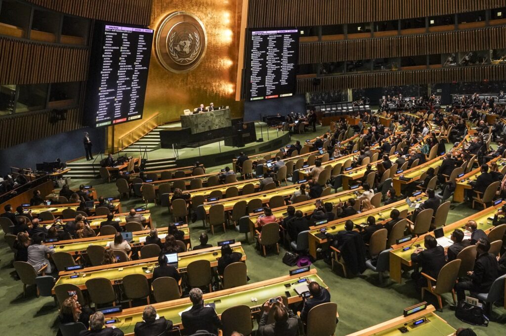 Monitors show the result of a United Nations General Assembly vote for a U.N. resolution upholding Ukraine's territorial integrity and calling for a cessation of hostilities after Russia's invasion, Thursday, Feb. 23, 2023 at U.N. headquarters. (AP File Photo)