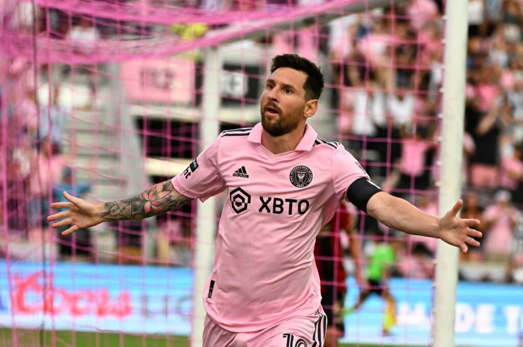 Inter Miami's forward Lionel Messi celebrates after scoring the team's first goal during the Leagues Cup football match between Inter Miami CF and Atlanta United FC at DRV PNK Stadium, Florida, U.S., July 25, 2023. (AFP Photo)