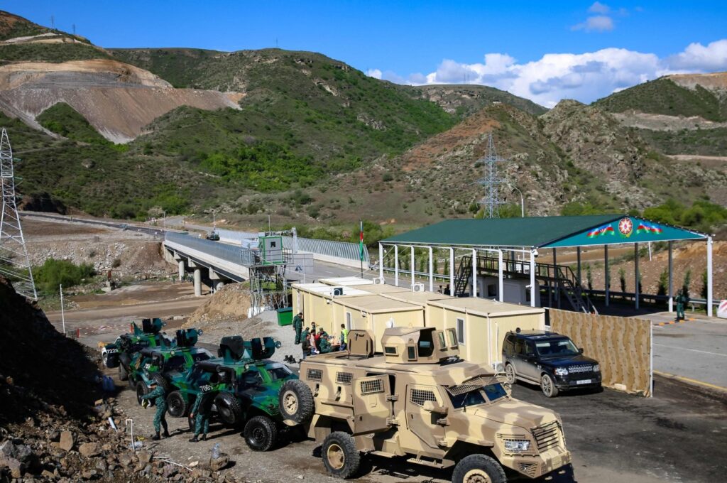 A view of an Azerbaijani checkpoint recently set up at the entry of the Lachin corridor, the Karabakh region's only land link with Armenia, by a bridge across the Hakari river, May 2, 2023. (AFP Photo)