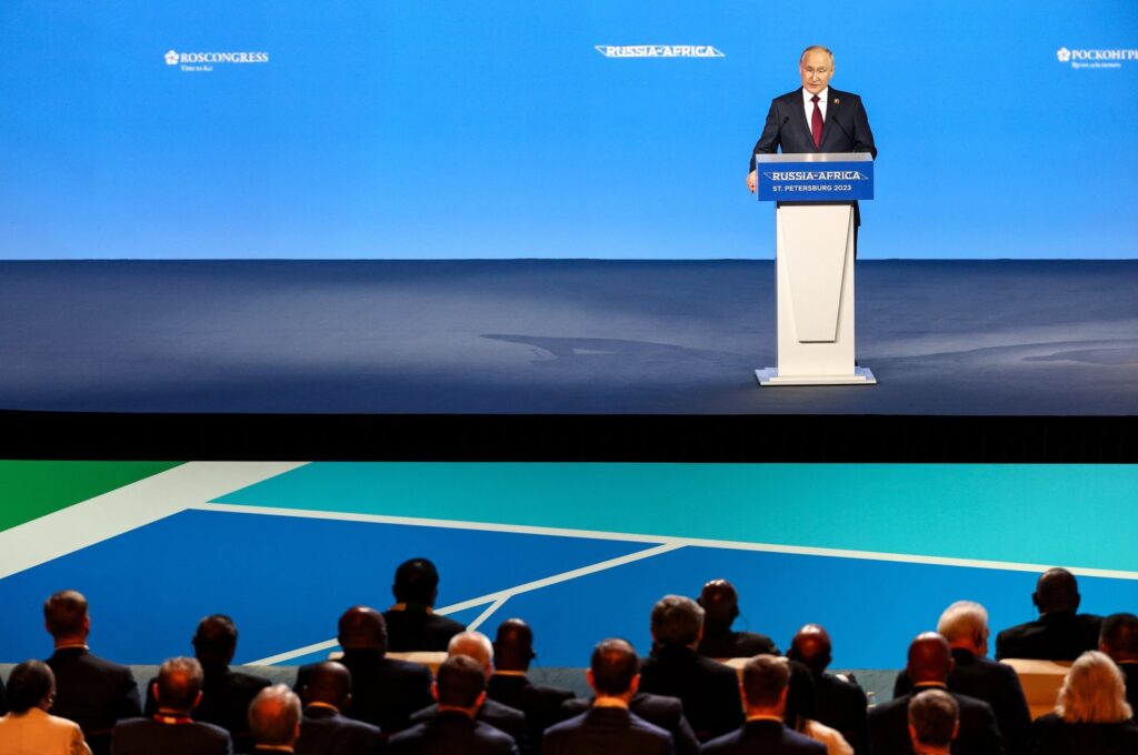 Russia's President Vladimir Putin addressing the plenary session of the Second Summit Economic and Humanitarian Forum "Russia-Africa" in St.Petersburg, Russia, 27 July 2023. (EPA/Yegor Aleyev / TASS Host Photo Agency)