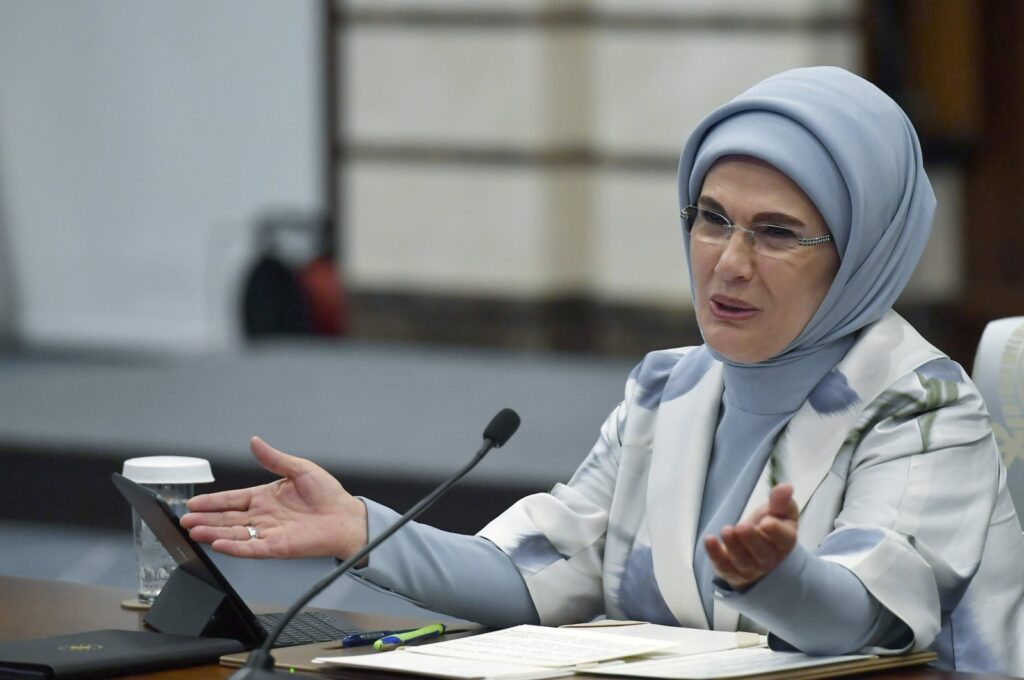 Emine Erdoğan is seen addressing the first meeting of United Nations Zero Waste Advisory Board, Ankara, Türkiye, July 27, 2023. (AA Photo)