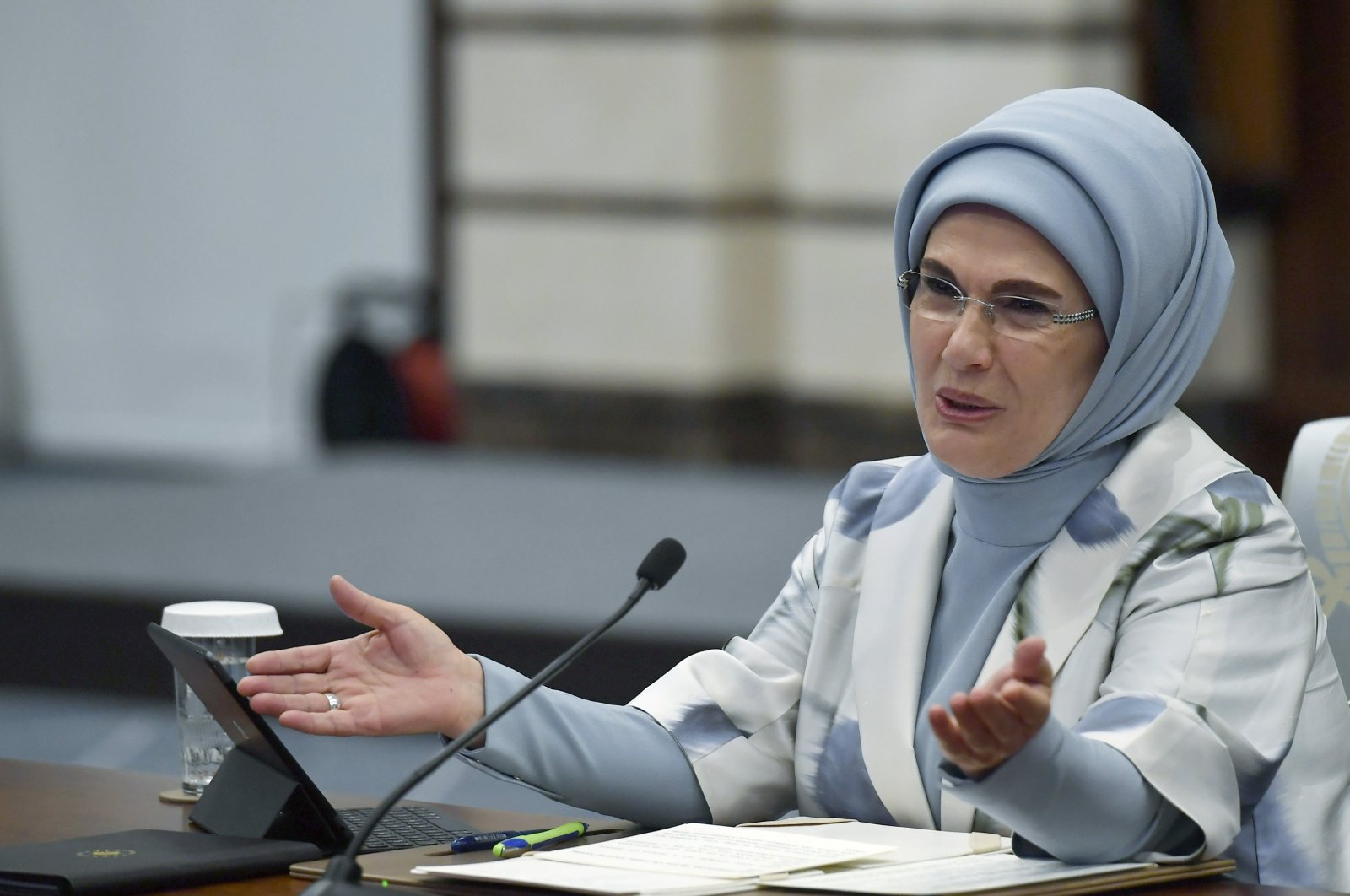 Emine Erdoğan is seen addressing the first meeting of United Nations Zero Waste Advisory Board, Ankara, Türkiye, July 27, 2023. (AA Photo)