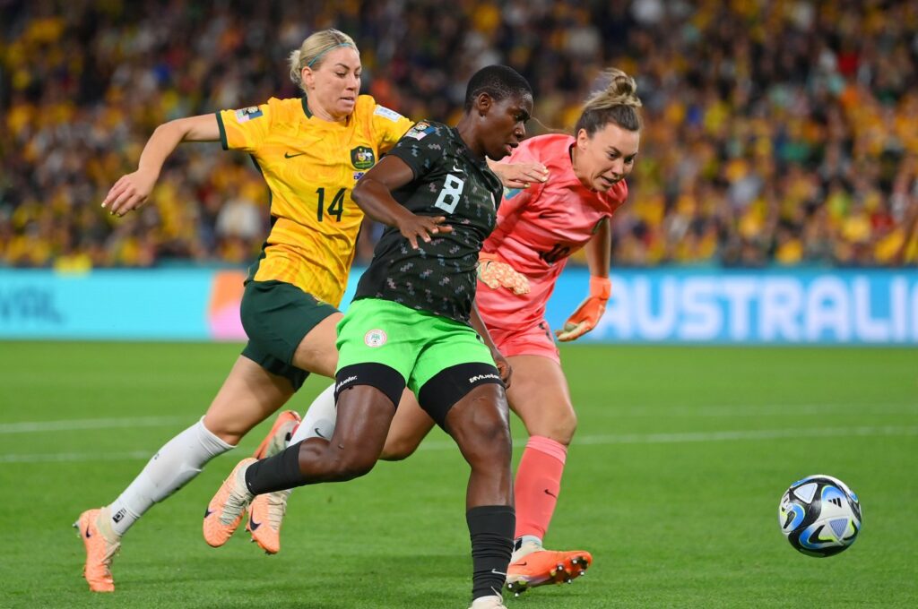 Nigeria's Asisat Oshoala (C) scores her team's third goal during the Women's World Cup match against Australia at Brisbane Stadium, Brisbane, Australia, July 27, 2023. (Getty Images Photo)