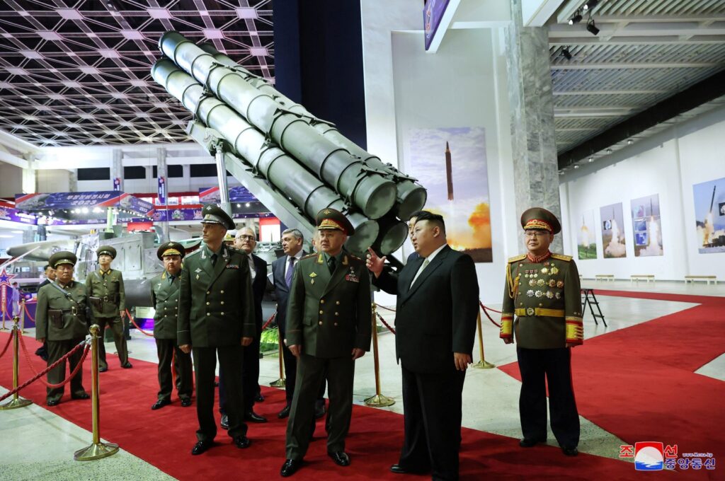 North Korean leader Kim Jong Un and Russia's Defense Minister Sergei Shoigu visit an exhibition of armed equipment on the occasion of the 70th anniversary of the Korean War armistice, North Korea, July 27, 2023. (KCNA Photo)