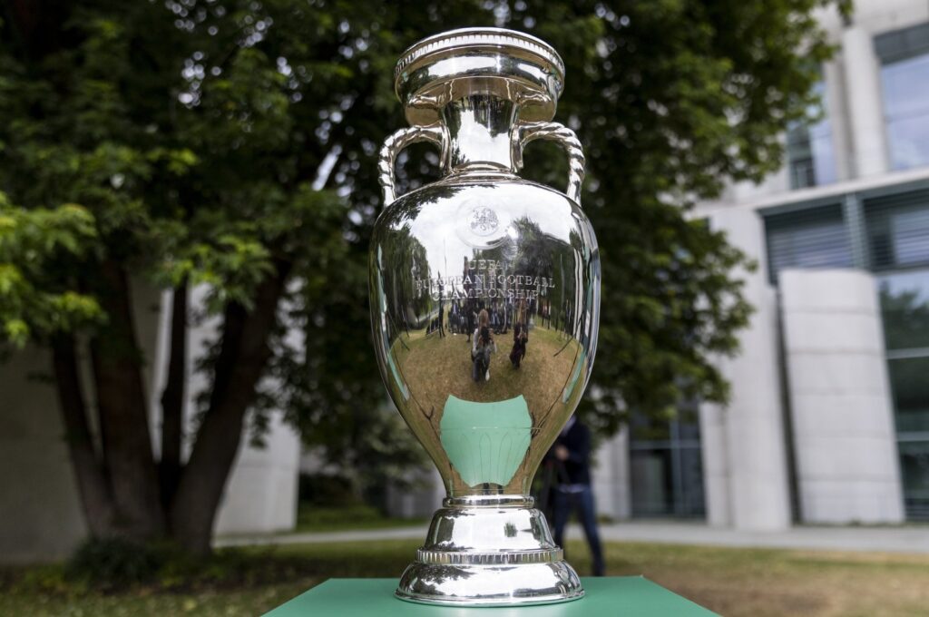 UEFA Euro Trophy is seen prior the German Chancellor Olaf Scholz (not seen) receives the delegation ahead of Germany's hosting the UEFA Euro 2024 football championship at the Chancellery, Berlin, Germany, June 14, 2023. (Getty Images Photo)