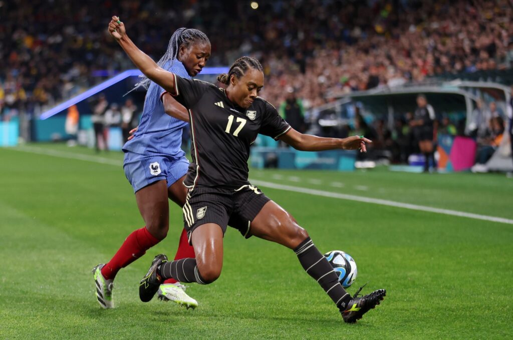 Jamaica's Allyson Swaby (R) and France's Kadidiatou Diani vie for the ball during the FIFA Women's World Cup Australia & New Zealand 2023 Group F match between France and Jamaica at Sydney Football Stadium, Sydney, Australia, July 23, 2023. (Getty Images Photo)
