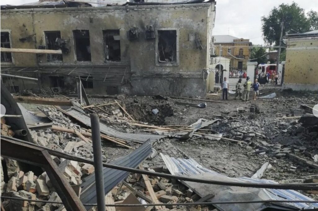 The aftermath of a Ukrainian missile strike on a cafe in Taganrog, Russia, July 28, 2023. (AP Photo)
