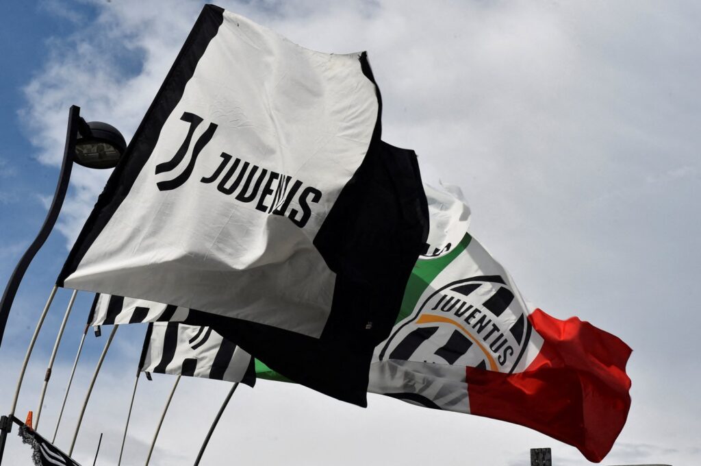 General view of Juventus flags seen outside the stadium before the Juventus v Sevilla match, Allianz Stadium, Turin, Italy, May 11, 2023. (Reuters File Photo)