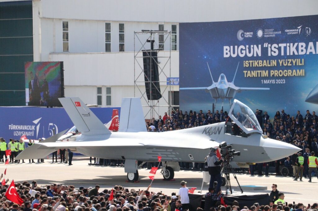 Fighter jet Kaan is seen at the "Century of the Future" event at the Turkish Aerospace Industries (TAI) headquarters in the Kahramankazan district of Ankara, Türkiye, May 1, 2023