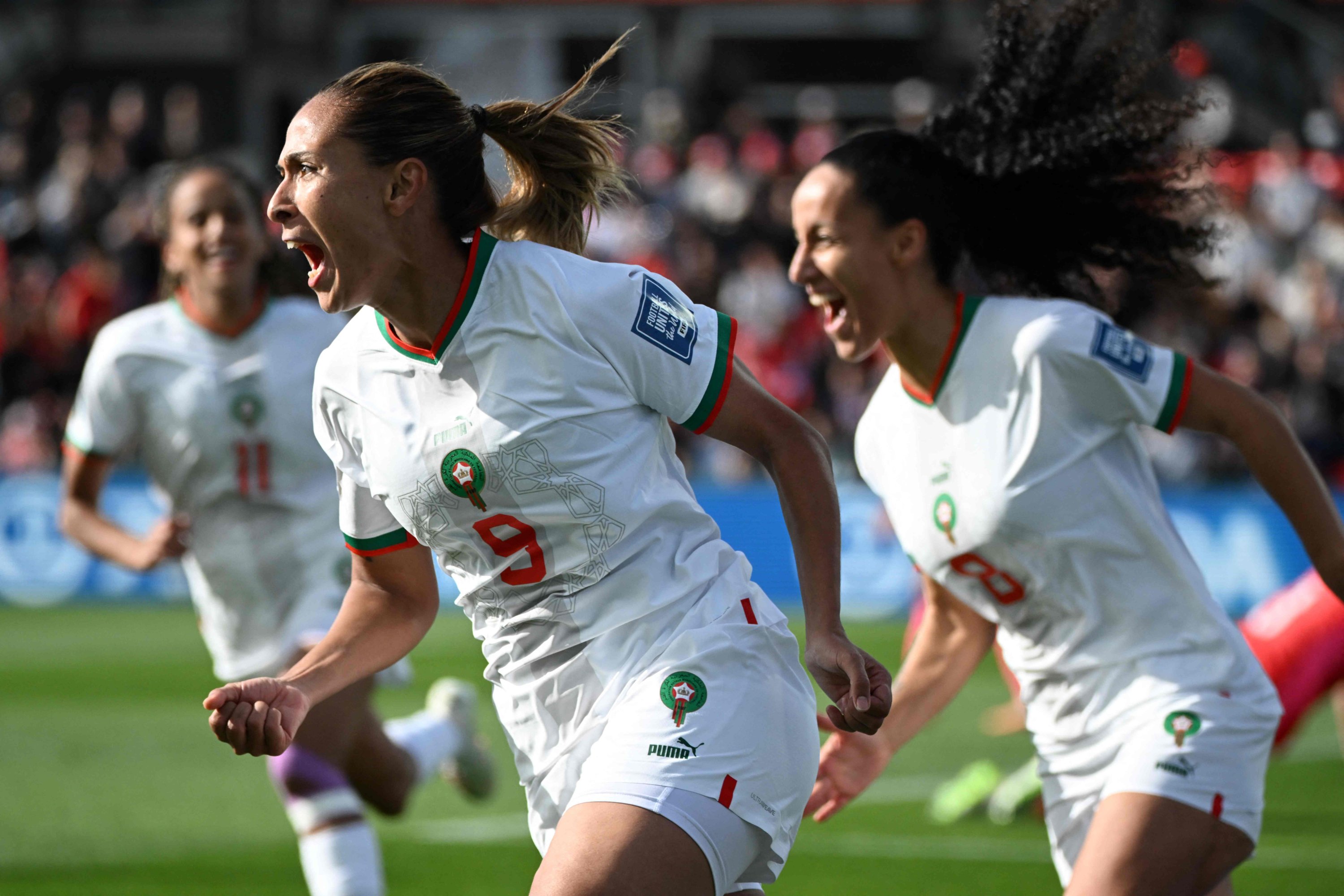 285174 Morocco players celebrate a goal against South Korea in the 2023 Women's World Cup in Adelaide, Australia, July 30, 2023. (AFP Photo)