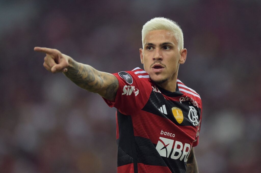 Flamengo's forward Pedro gestures during the Copa Libertadores group stage second leg football match between Brazil's Flamengo and Argentina's Racing Club at Maracana stadium, Rio de Janeiro, Brazil, June 8, 2023. (AFP Photo)