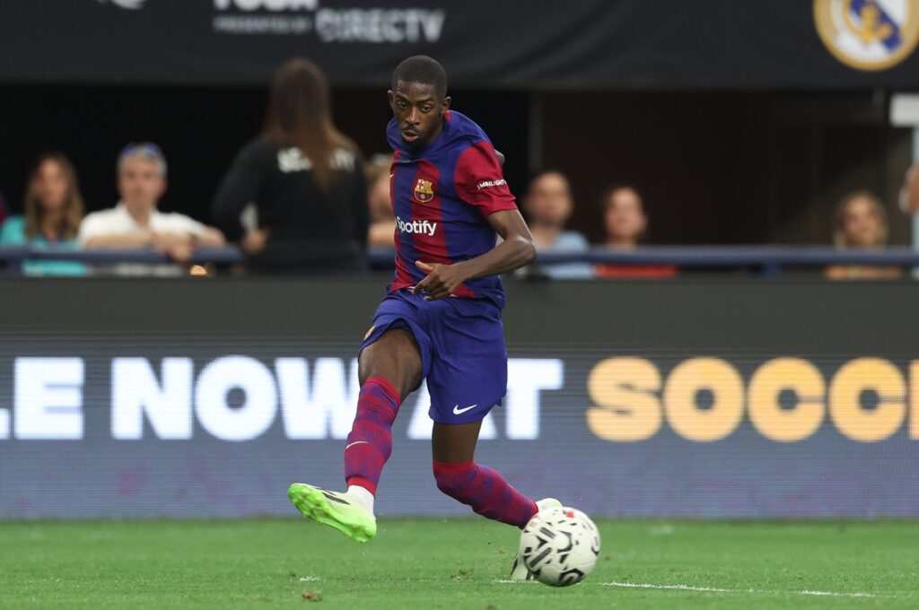 Barcelona's Ousmane Dembele kicks the ball during the preseason friendly match between FC Barcelona and Real Madrid at AT&T Stadium, Dallas, Texas, US., July 29, 2023. (Getty Images Photo)