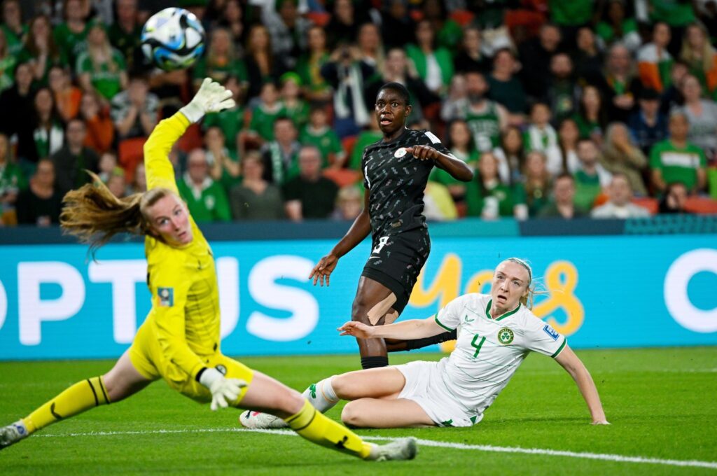 Nigeria's Asisat Oshoala of Nigeria (C) takes a shot on goal past Ireland's Courtney Brosnan during the FIFA Women's World Cup 2023 match at Brisbane Stadium, Brisbane, Australia, July 31, 2023. (EPA Photo)
