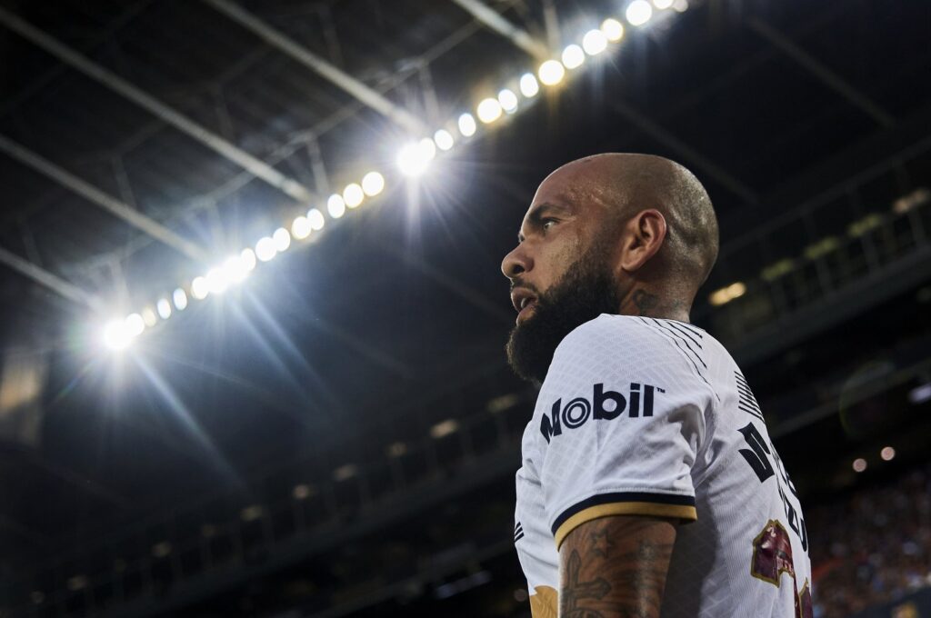 Ex-Pumas' Dani Alves during the Joan Gamper Trophy friendly presentation match between FC Barcelona and Pumas UNAM at Camp Nou, Barcelona, Spain, Aug. 7, 2022. (Getty Images Photo)