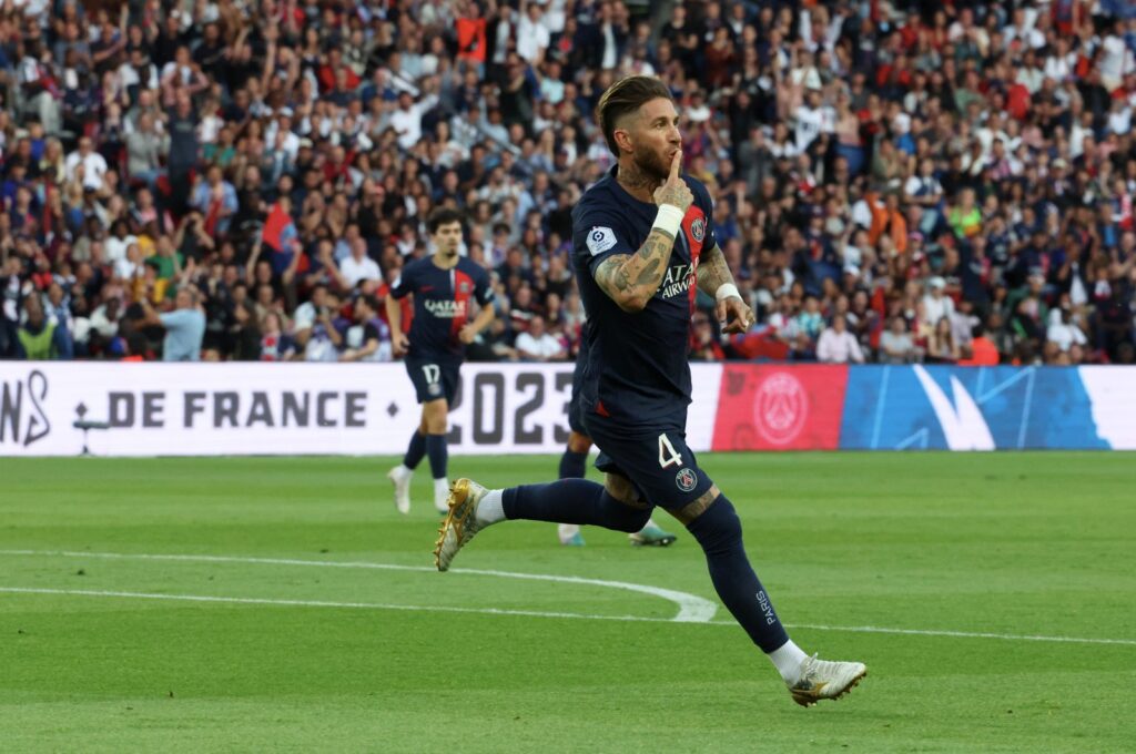 Ex-PSG's Sergio Ramos celebrates his first goal during the Ligue 1 match against Clermont Foot at Parc des Princes, Paris, France, June 3, 2023. (Getty Images Photo)