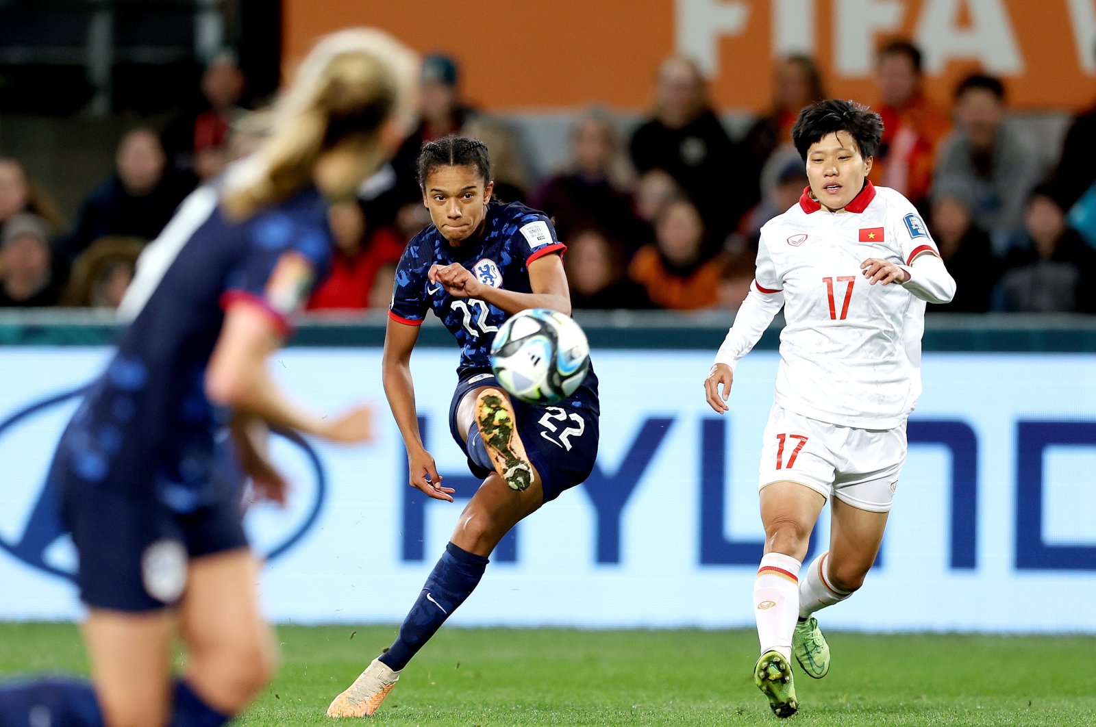 Netherlands' Esmee Brugts (C) shoots to score the 0-6 goal during the FIFA Women's World Cup group E match against Vietnam, Dunedin, New Zealand, Aug. 1, 2023. (EPA Photo)