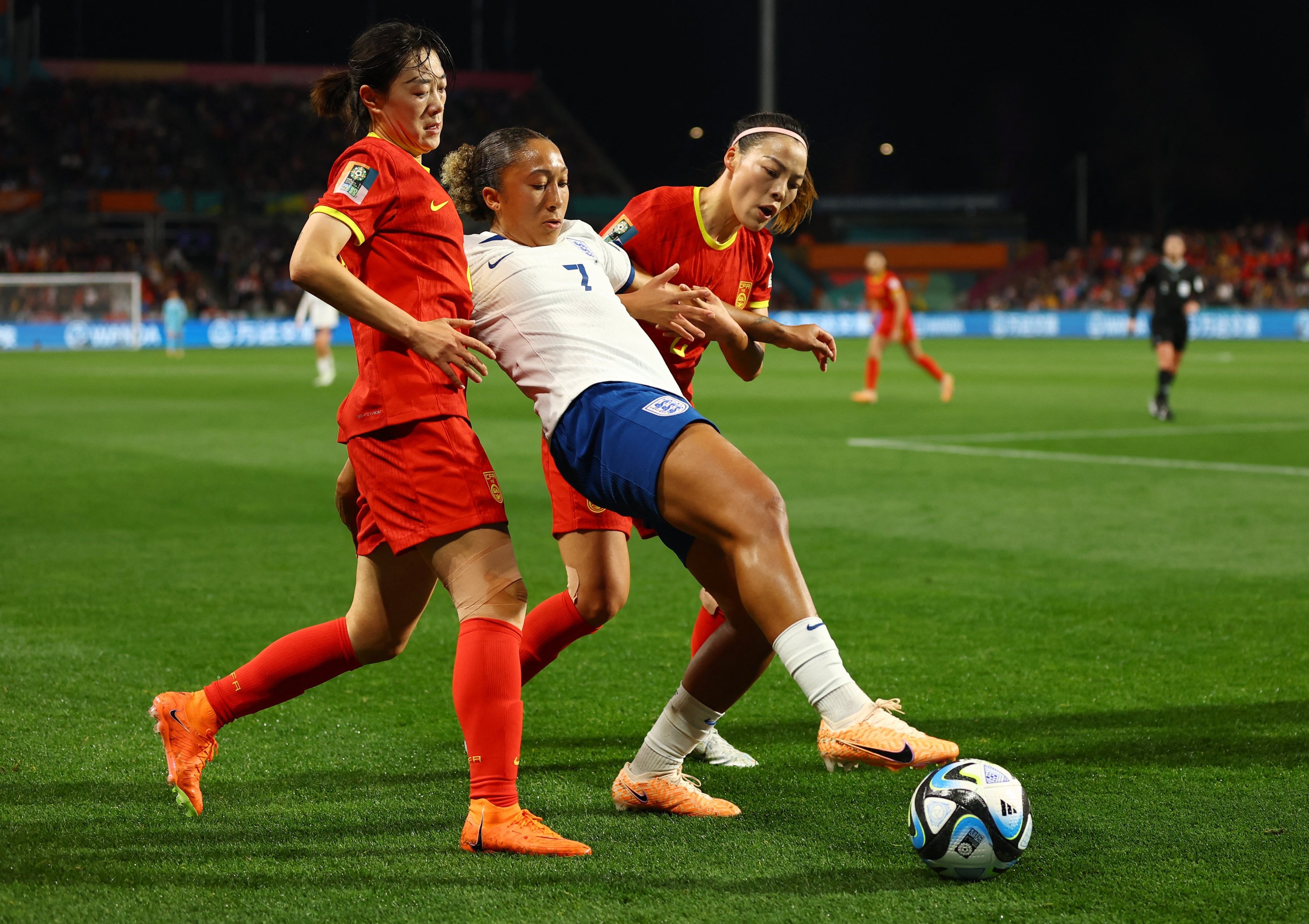 285516 England's Lauren James (C) in action with China's Li Mengwen and Yao Lingwei during the Women’s World Cup Group D match at Hindmarsh Stadium, Adelaide, Australia, Aug. 1, 2023. (Reuters Photo)