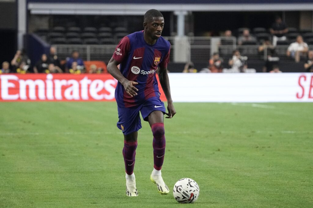 Barcelona's Ousmane Dembele controls the ball during the first half of the pre-season friendly match against Real Madrid at AT&T Stadium, Texas, US., July 29, 2023. (Getty Images Photo)