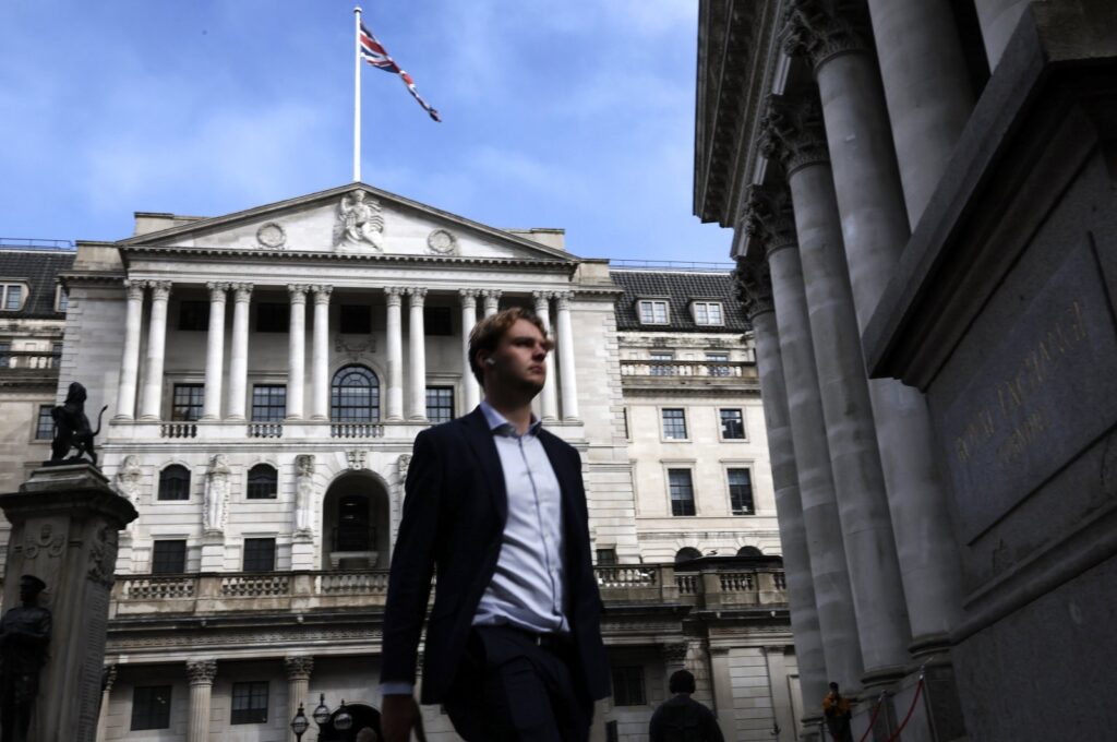 A pedestrian walks in front of the Bank of England headquarters in London, Britain, Aug. 2, 2023. (EPA Photo)