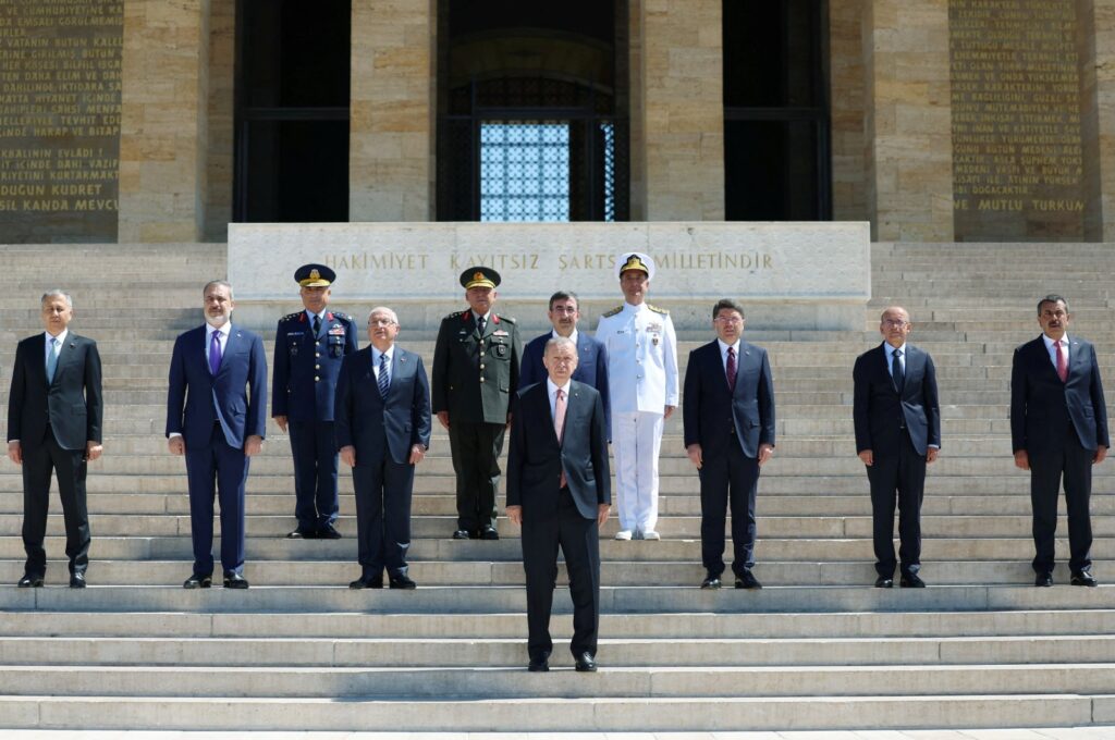 President Recep Tayyip Erdoğan, accompanied by top military commanders and Cabinet members, visits Anıtkabir ahead of the Supreme Military Council's meeting, in the capital Ankara, Türkiye, Aug. 3, 2023. (Reuters Photo)