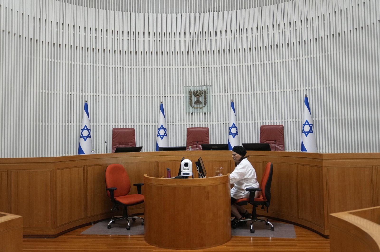The justices' bench in the Supreme Court of Israel, West Jerusalem, Israel, Aug. 3, 2023. (AP Photo)