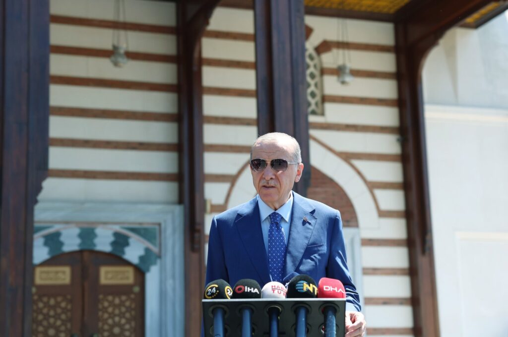 President Recep Tayyip Erdoğan speaks to reporters after Friday prayers at a mosque in Istanbul, Türkiye, Aug. 4, 2023. (AA Photo)