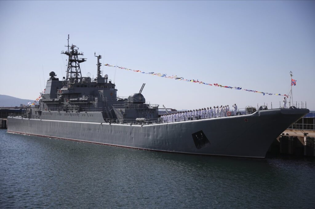 The Olenegorsky Gornyak warship stands moored at the harbor of Novorossiysk, Russia, Sunday, July 30, 2023. (AP Photo)