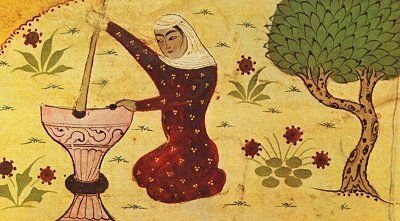 Depiction of Rabia grinding grain from a Persian dictionary. (Wikipedia Photo)
