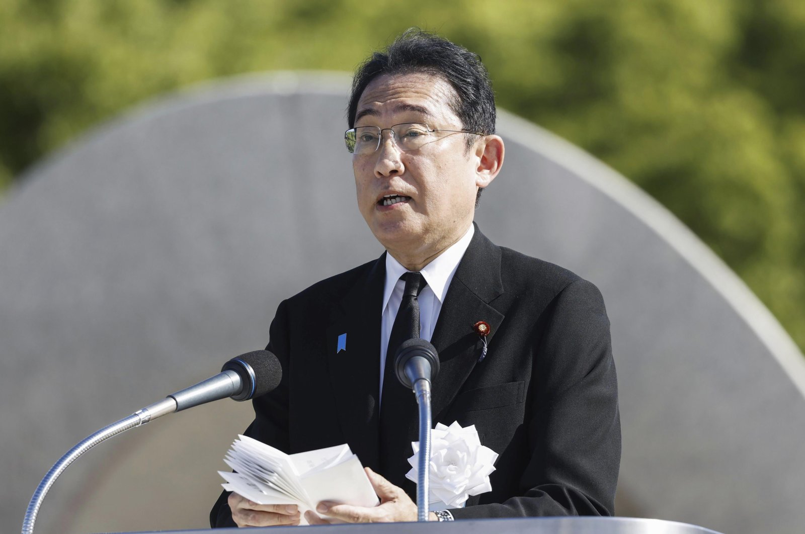 Japanese Prime Minister Fumio Kishida delivers a speech during a ceremony marking the 78th anniversary of the world's first atomic bombing, at the Hiroshima Peace Memorial Park, Hiroshima, Japan, Aug. 6, 2023. (AP Photo)