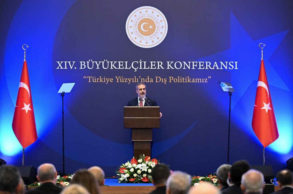Foreign Minister Hakan Fidan addresses Turkish ambassadors, in the capital Ankara, Türkiye, Aug. 7, 2023. (AA Photo)