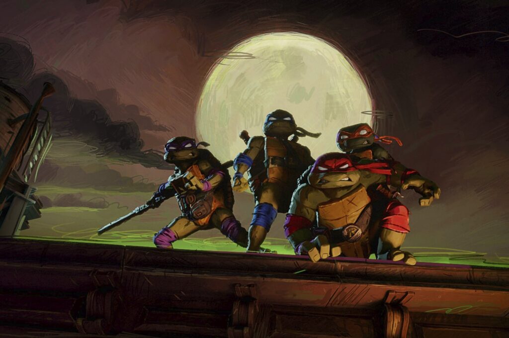 This image released by Paramount Pictures shows, from left, Donatello "Donnie", voiced by Micah Abbey, Leonardo "Leo", voiced by Nicolas Cantu, Raphael "Raph", voiced by Brady Noon, and Michelangelo "Mikey", voiced by Shamon Brown Jr., in a scene from "Teenage Mutant Ninja Turtles: Mutant Mayhem." (AP Photo)